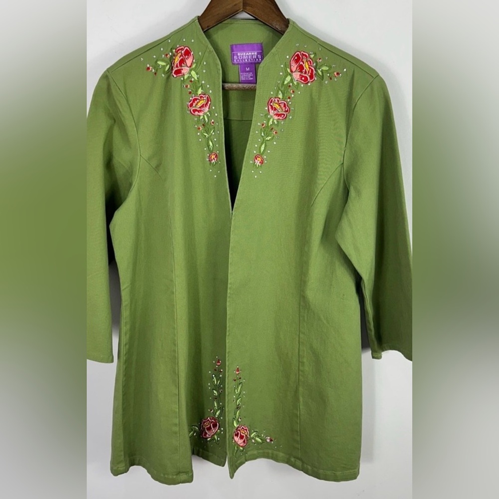 Suzanne Somers Green Jacket with Floral Embroidery Size Large NWT